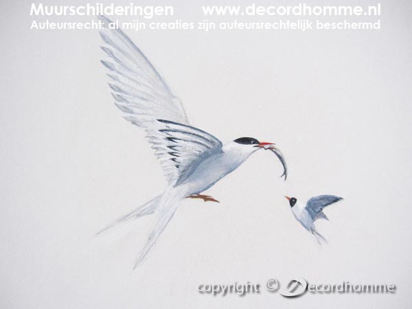Muurschildering vliegende vogels Stern met haar kleintje
